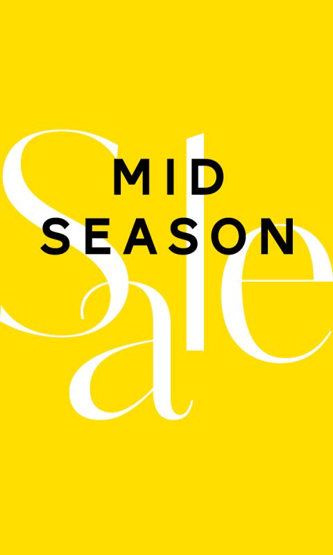 Sfondo giallo con grandi lettere bianche che dicono "Sale" e testo nero sovrapposto "MID SEASON".