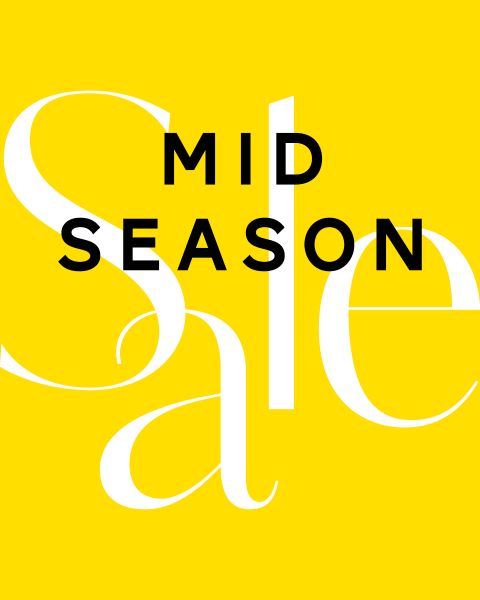 Sfondo giallo brillante con testo nero in grassetto "MID SEASON" sopra grandi lettere bianche con la scritta "Sale". Il design presenta un layout moderno e accattivante.