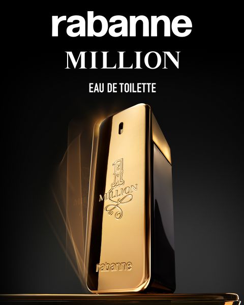 Un flacone di profumo dorato rettangolare con la scritta "1 Million" di Rabanne e sopra il testo "MILLION EAU DE TOILETTE" su sfondo nero.
