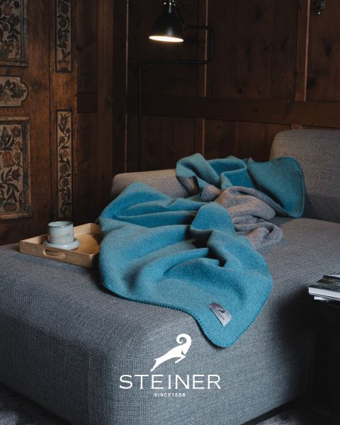 Un accogliente soggiorno con un divano grigio, una coperta blu, un vassoio di legno con tazza e ciotola, una lampada da terra e pareti rivestite in legno. In basso è visibile il logo "STEINER".