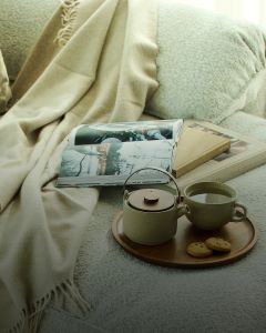 Un ambiente accogliente con una morbida coperta beige, una rivista aperta e diversi libri su un divano. Su un vassoio di legno ci sono una teiera, una tazza di tè e due biscotti, che creano un'atmosfera calda e invitante.