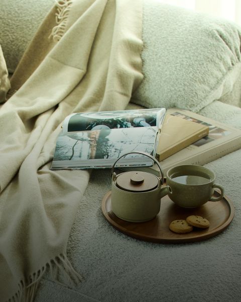 Un ambiente accogliente con una morbida coperta beige, una rivista aperta e diversi libri su un divano. Su un vassoio di legno ci sono una teiera, una tazza di tè e due biscotti, che creano un'atmosfera calda e invitante.