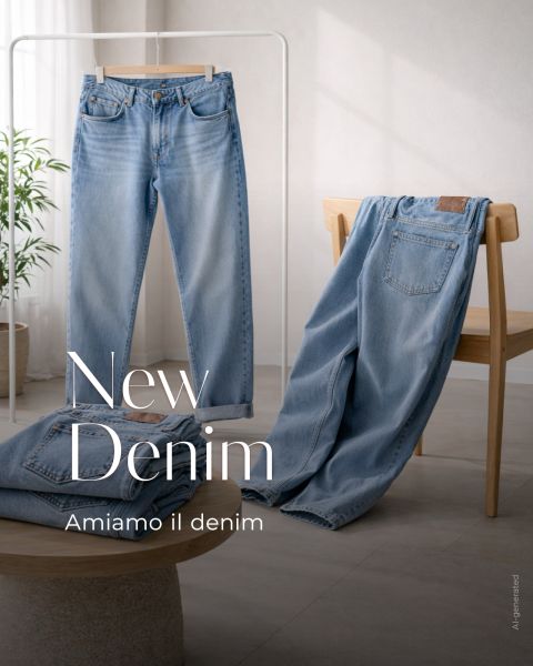 Due jeans azzurri esposti in una stanza luminosa; uno è appeso a uno scaffale, l'altro è drappeggiato su una sedia. Il testo recita: "New Denim. Amiamo il denim.