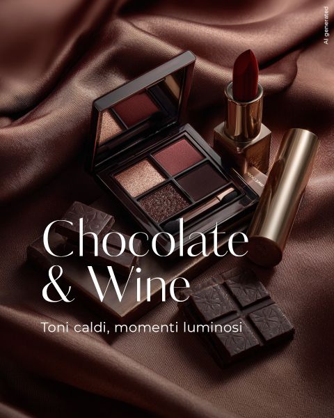 Una palette di trucco, un rossetto scuro e pezzi di cioccolato sono disposti su un tessuto setoso marrone. Il testo recita: "Cioccolato & Vino. Toni caldi, momenti luminosi.".
