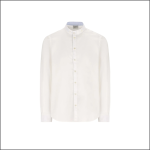 Ein schlichtes weißes, langärmeliges Button-up-Hemd mit Mandarinkragen ist auf weißem Hintergrund abgebildet. Das Hemd ist ordentlich gebügelt und wirkt formell.