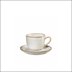 Eine weiß-goldene Kaffeetasse mit Untertasse.