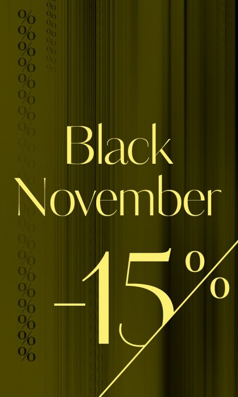 Grafica dorata con il testo "Black November -15%" in grandi ed eleganti lettere. Diversi simboli di percentuale (%) sono ripetuti verticalmente lungo il lato sinistro dell'immagine.