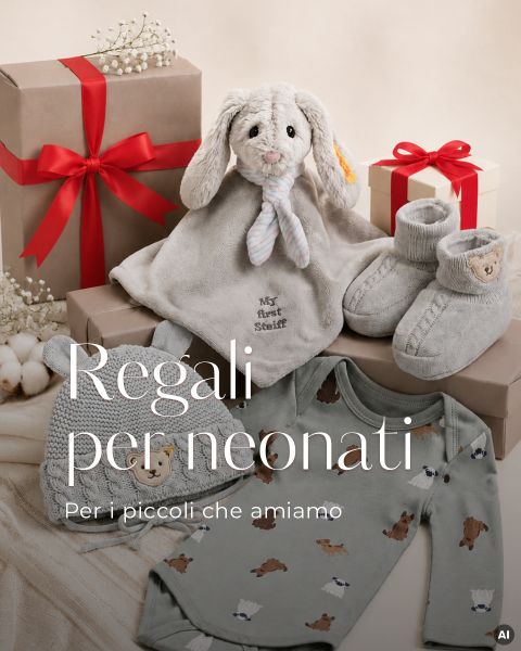 Scatole regalo, vestiti per neonati, scarpine per neonati e un coniglio di peluche con la scritta "My first snuggle" - assemblati come set regalo per un neonato.