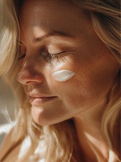 Primo piano di una donna bionda con gli occhi chiusi, che mostra la sua texture naturale della pelle e le lentiggini, con una macchia di crema bianca sotto l'occhio destro in una luce naturale e soffusa.
