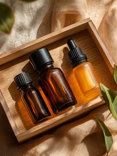 Tre piccole bottiglie di vetro, due marroni con tappi a vite neri e una smerigliata con un contagocce, sono disposte in un vassoio di legno su una superficie di tessuto chiaro con foglie verdi nelle vicinanze. La luce del sole crea un'atmosfera calda e naturale.
