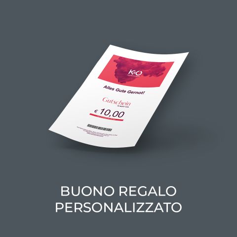 Un buono regalo personalizzato del valore di 10 € con accenti rossi, con testo tedesco e italiano su sfondo grigio scuro. Sotto il buono c'è scritto "BUONO REGALO PERSONALIZZATO".