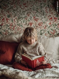 Un bambino piccolo con i capelli biondi è seduto su un letto con lenzuola rosse e bianche e legge un libro rosso con un albero di Natale sulla copertina. La parete dietro è decorata con una carta da parati a fiori.