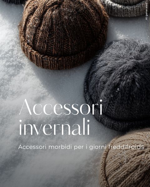 Tre berretti invernali a maglia in marrone, grigio e beige sono adagiati sulla neve, spolverati di fiocchi di neve. Il testo italiano sovrapposto recita "Accessori invernali - Accessori morbidi per i giorni freddi".
