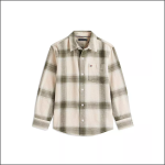 Langärmeliges Hemd zum Knöpfen mit beige-grünem Karomuster, einer Brusttasche auf der linken Seite und weißen Knöpfen auf weißem Hintergrund.