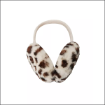 Ein Paar wuschelige Ohrenschützer mit weißem Stirnband und braunen und schwarzen Tiermotiven auf den Ohren, abgebildet auf einem schlichten weißen Hintergrund.