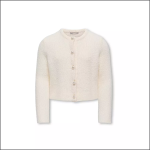 Cremefarbene, langärmelige, strukturierte Strickjacke mit Rundhalsausschnitt und perlenartigen Knöpfen auf der Vorderseite.