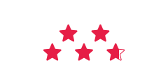Cinque stelle in fila su sfondo bianco, con quattro stelle completamente riempite di rosso e la quinta stella a destra bordata di rosso ma non riempita.