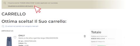 Screenshot di un carrello online in cui un codice sconto "KOZES-WELCOME" è stato applicato con successo. Un cursore del mouse punta al link "Visualizza le condizioni del buono" sopra i dettagli del carrello e il riepilogo dell'ordine.