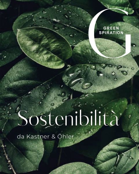 Primo piano di foglie verdi con gocce d'acqua, sovrapposto al testo: "Green Spiration, Sostenibilità da Kastner & Öhler."