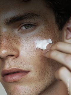 Primo piano di una persona con lentiggini che applica una macchia di crema bianca sulla guancia con le dita.