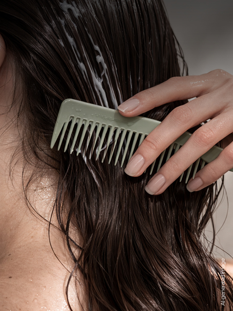 Una persona pettina capelli scuri e bagnati con un pettine a denti larghi, distribuendo il balsamo tra le ciocche.