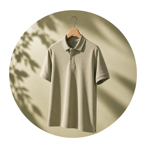 Ein hellolivgrünes Poloshirt auf einem Holzkleiderbügel, mit sanften Schatten und einem schlichten beigen Hintergrund.
