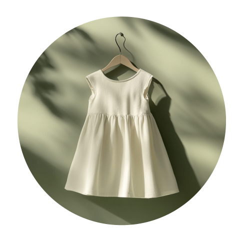 Ein cremefarbenes, ärmelloses Kleid auf einem Kleiderbügel, das vor einer hellgrünen Wand mit sanften Schatten zu sehen ist.