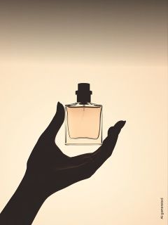 Una mano in silhouette tiene una bottiglia di profumo quadrata davanti a uno sfondo morbido beige sfumato.