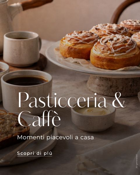 Girelle alla cannella glassate su un'alzata per torte con tazze di caffè nero e pane su un tavolo di marmo. Il testo recita "Pasticceria & Caffè".