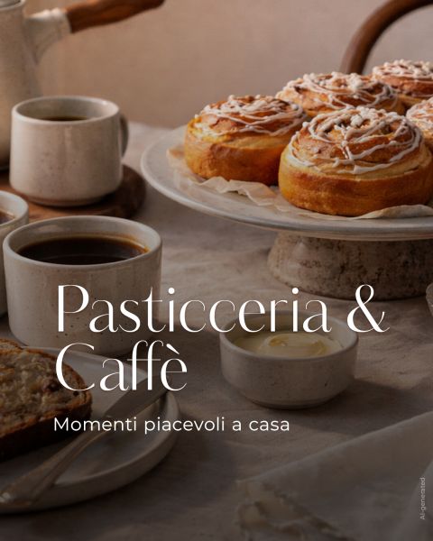 Un tavolo per la colazione con caffè, girelle alla cannella, pane e burro. Il testo recita: "Pasticceria & Caffè, Momenti piacevoli a casa."