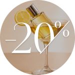 Ein Parfümflakon und eine Zitronenscheibe in einem Cocktailglas mit der Aufschrift "-20%", die auf eine Rabatt- oder Verkaufsaktion von 20% hinweist.
