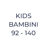 Cerchio bianco con la scritta "KIDS BAMBINI 92 - 140" in nero, che indica le taglie di abbigliamento per bambini.