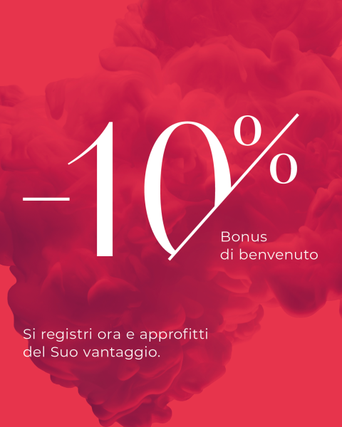 Sfondo rosso con effetto fumo. Il grande testo bianco recita "-10% Bonus di benvenuto". Un testo più piccolo invita a registrarsi e ad usufruire dell'offerta.