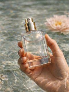 Una mano tiene un flacone di profumo in vetro con un tappo dorato sopra dell'acqua limpida con un fiore rosa galleggiante.