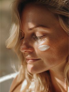 Una donna con gli occhi chiusi e la pelle baciata dal sole ha una macchia di crema sulla guancia, che sottolinea la sua espressione naturale e rilassata.