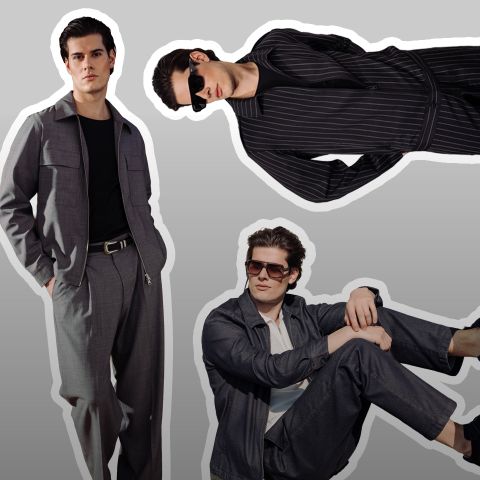 Tre uomini posano in eleganti abiti: uno in piedi in grigio, uno sdraiato in gessato nero e uno seduto con occhiali da sole e un outfit color antracite.
