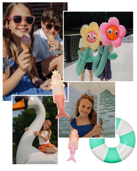Quattro bambini si godono l'estate: mangiano il gelato, tengono galleggianti floreali, cavalcano un cigno e posano con gli occhiali da sole. Inclusi galleggianti da piscina e clipart di sirena.