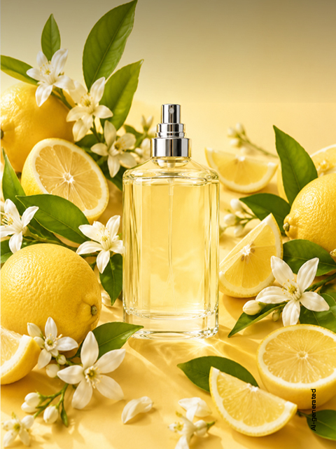 Bottiglia di profumo trasparente, circondata da limoni freschi, fette di limone, foglie verdi e fiori bianchi su sfondo giallo.