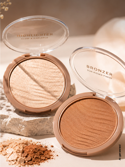 Due vasetti di make-up aperti - uno con illuminante e uno con bronzer - sono visibili su una superficie di pietra, accanto c'è della polvere libera, tutto in luce soffusa.