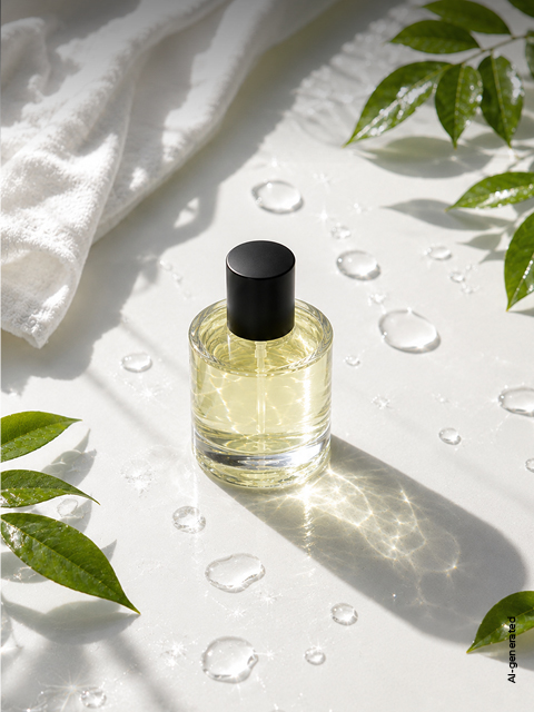 Su una superficie bianca si trova un flacone di profumo trasparente con tappo nero, circondato da foglie verdi, goccioline d'acqua e un asciugamano bianco.