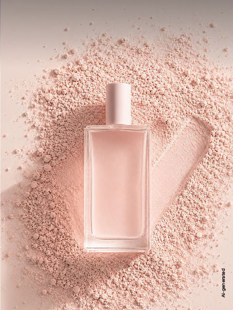 Su cipria rosa chiaro c'è un flacone di profumo rosa, accanto al quale è disegnata una spunta nella cipria.