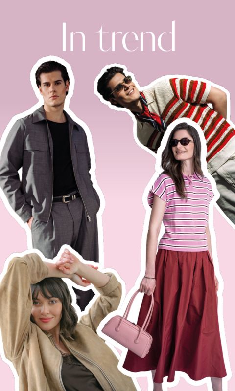 Quattro giovani adulti alla moda indossano outfit di tendenza davanti a uno sfondo rosa sfumato, sopra di loro la scritta "In trend" in bianco.