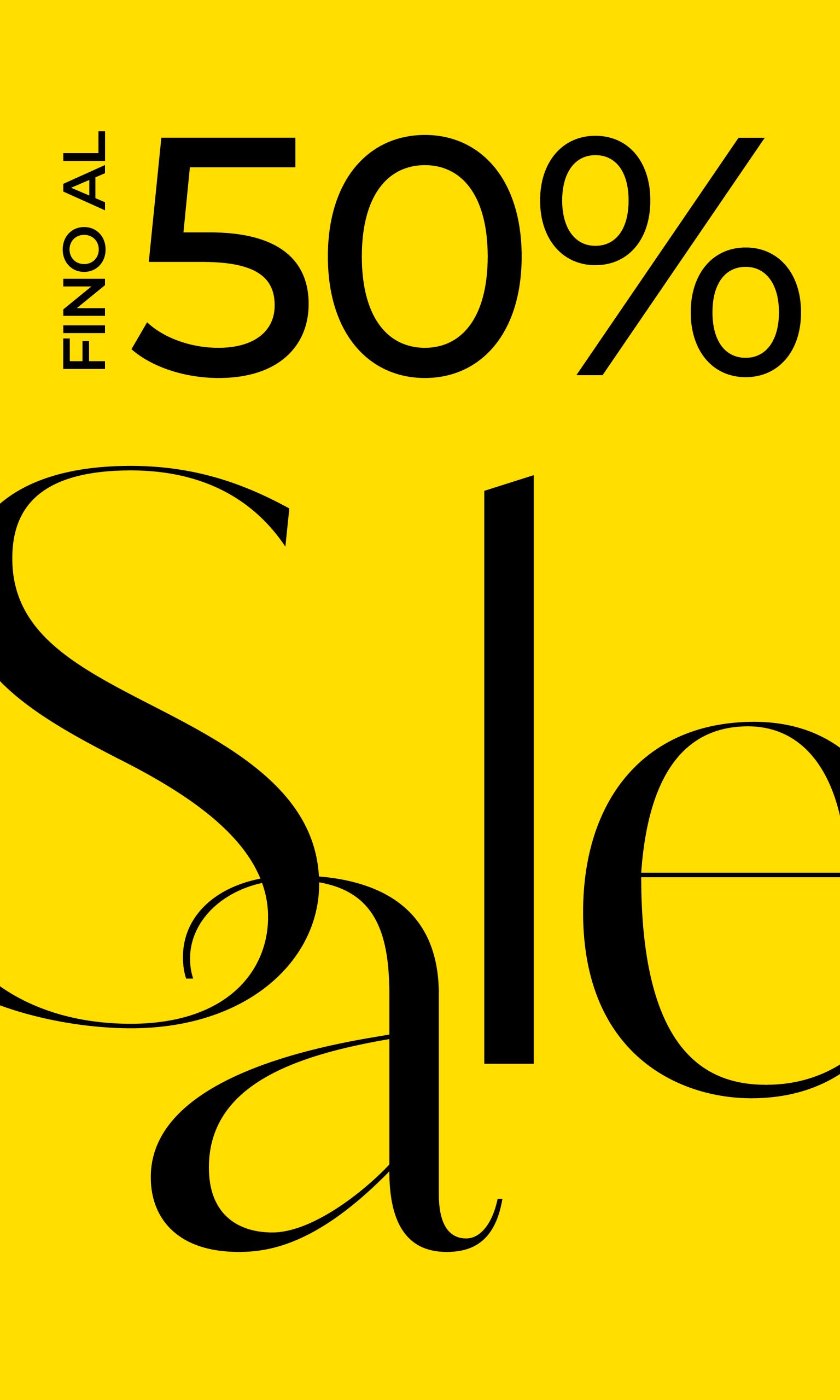 Sfondo giallo con scritta grande nera: „Fino al 50 % Sale“, che indica uno sconto fino al 50%.