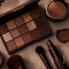 Su una superficie beige sono disposti una palette di trucchi con tonalità marroni, un cofanetto di blush, un rossetto scuro e pennelli.