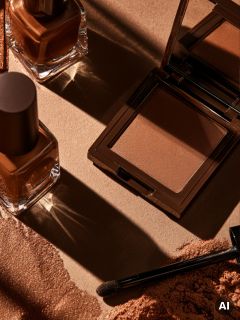 Smalto marrone, bronzer in una cipria e un pennello per il trucco, disposti su una base marrone, su cui è sparsa la polvere di bronzer, sotto un'illuminazione drammatica.