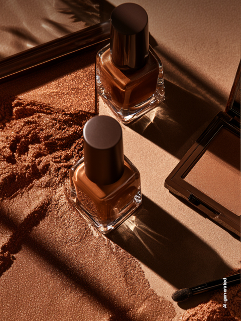 Due boccette di smalto marrone e una cipria aperta con bronzer su una superficie marrone strutturata, con ombre drammatiche.