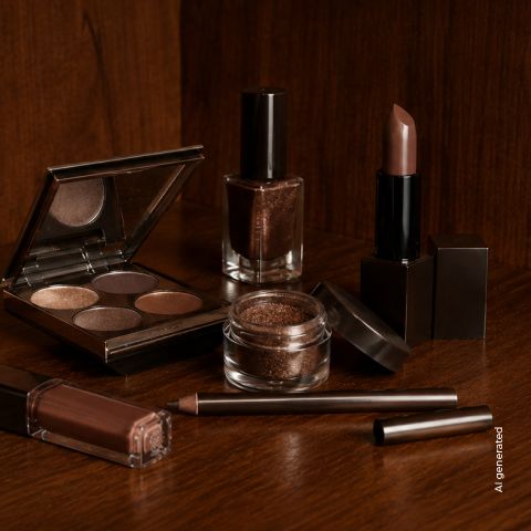 Diversi prodotti per il trucco nei toni del marrone, tra cui rossetto, ombretto, smalto, lucidalabbra e un eyeliner, esposti su una base di legno.