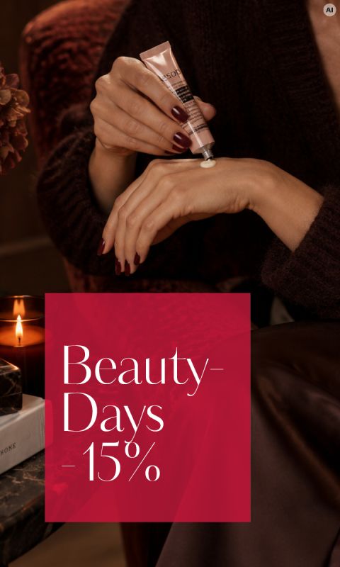 Una persona si spalma una crema sulla mano, sopra c'è scritto in rosso: "Beauty-Days - 15 %". Accanto ci sono una candela accesa e un libro.
