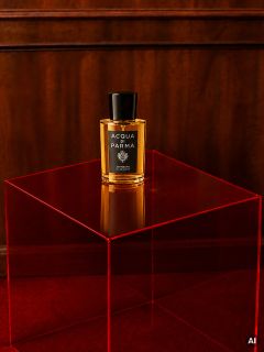 Su un piedistallo rosso trasparente davanti a uno sfondo di legno si trova un flacone di profumo Acqua di Parma.