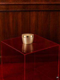 Una ciotola d'oro con un motivo geometrico poggia su una base rossa trasparente davanti a una parete rivestita in legno e a un pavimento in moquette rossa.